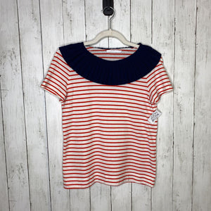 XS: Red Striped Navy Pleat Collar Tee