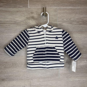 0-3M: Navy + White Striped Plush Lined Zip-Up Hoodie