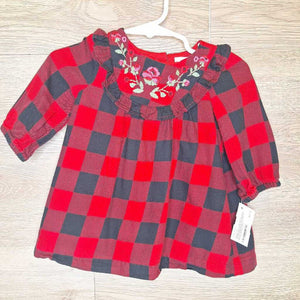 3-6M: Red Buffalo Plaid Floral Embroidered L/S Ruffle Detail Dress