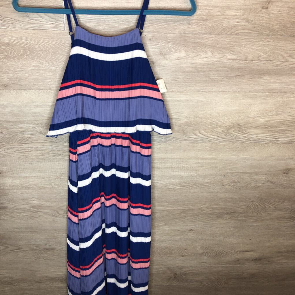 XS: Blue + Pink Striped Pleated Maxi Dress