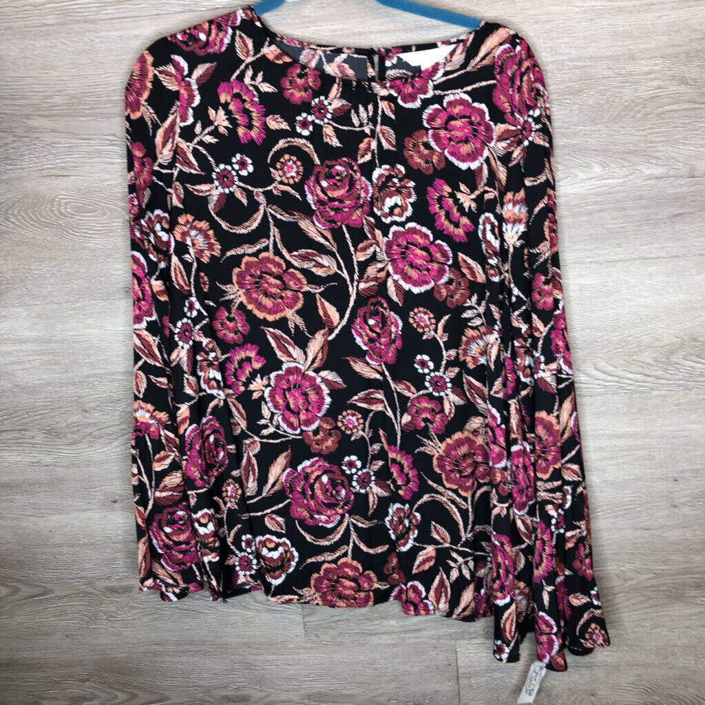 XL: Black Floral Silky Blouse