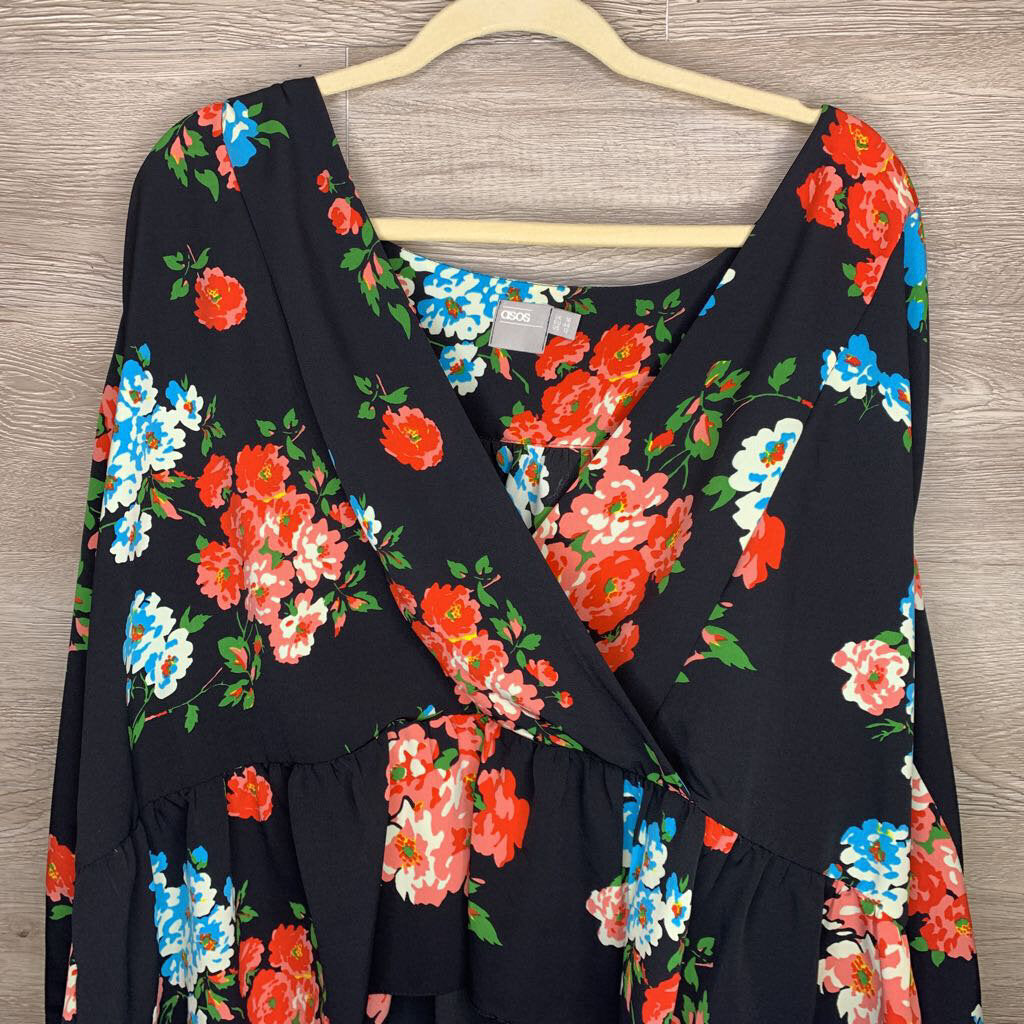 Fits Like XL: Black Floral Silky Peplum Blouse