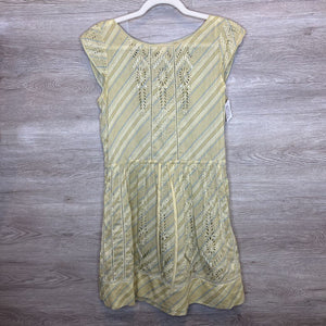 XS/Size 0: Beige + Blue Striped Eyelet Detail Cap Sleeve Dress