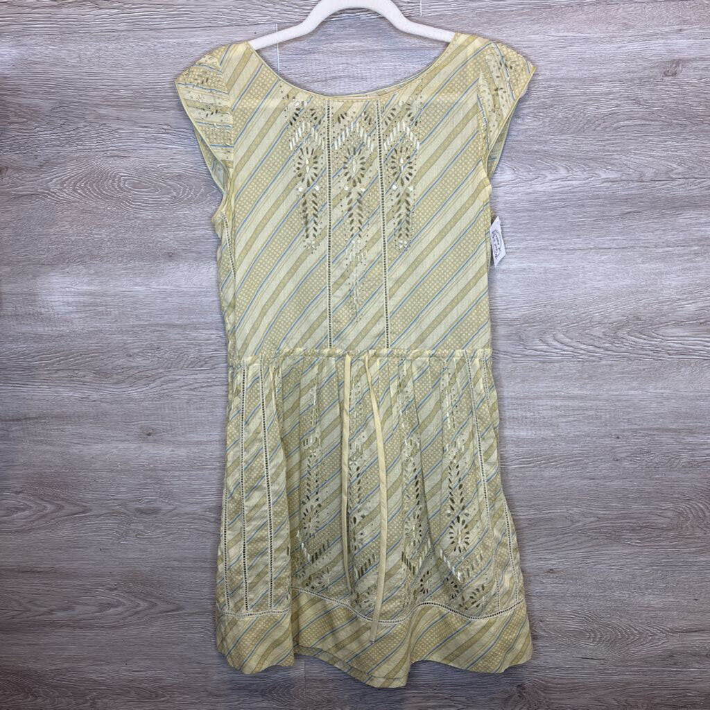 XS/Size 0: Beige + Blue Striped Eyelet Detail Cap Sleeve Dress