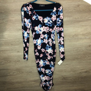 XS: Navy Floral L/S Ruched Dress