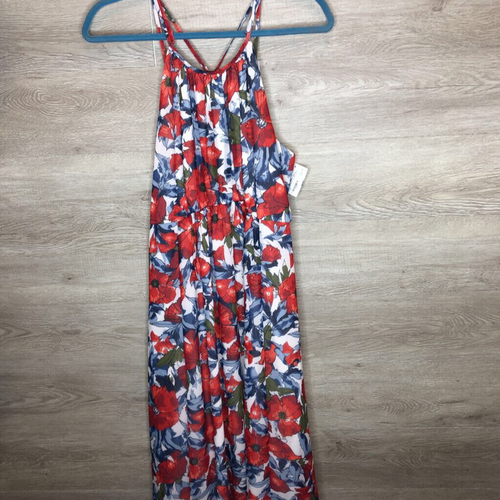 L: Blue + Red Bold Floral Strappy Maxi Dress