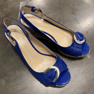 Size 8.5: Blue Patent Leather Buckle Wedge Heels