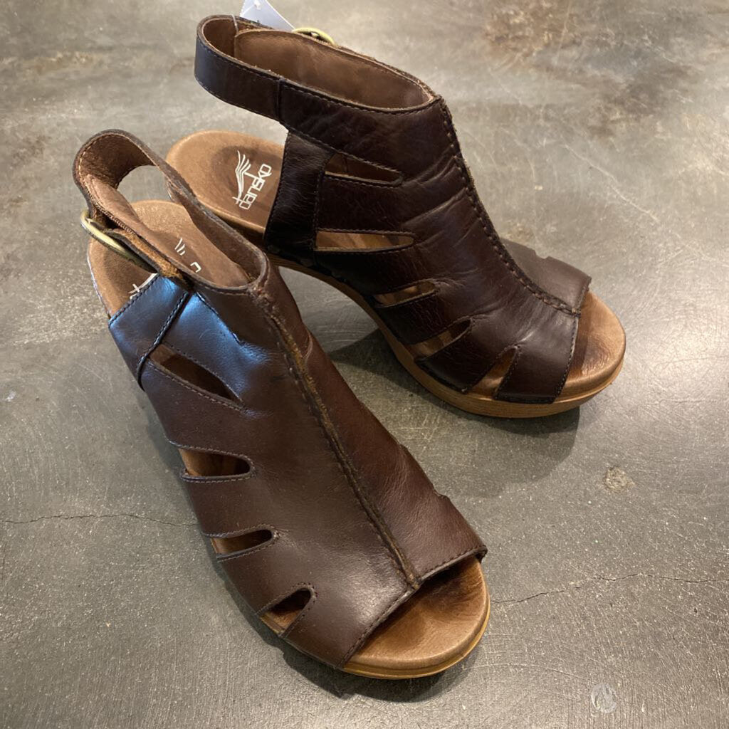 Size 6: Brown Wedge Heel Ankle Wrap Sandals