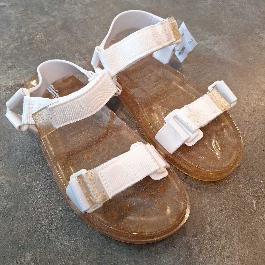 Size 8: White + Gold Glitter Jelly Sandals