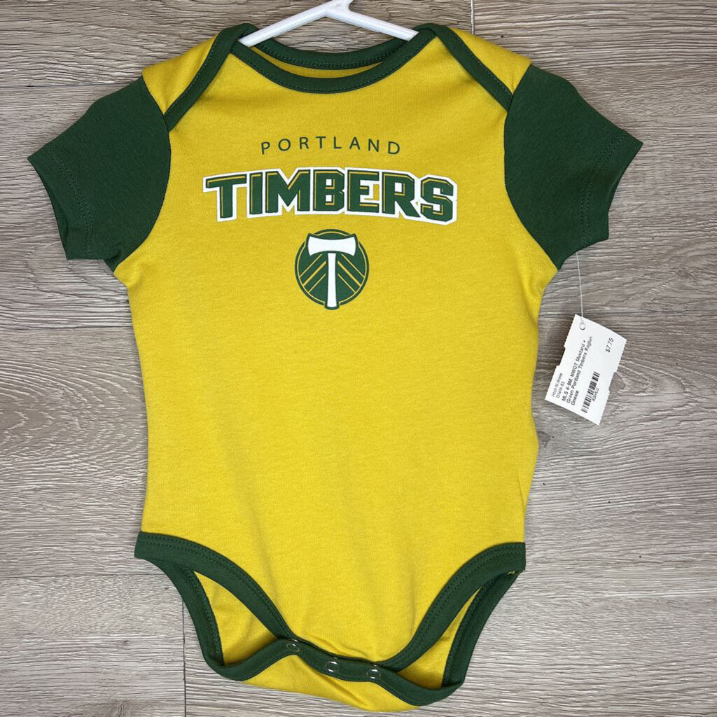 6-9M: NWOT Mustard + Green Portland Timbers Raglan Onesie