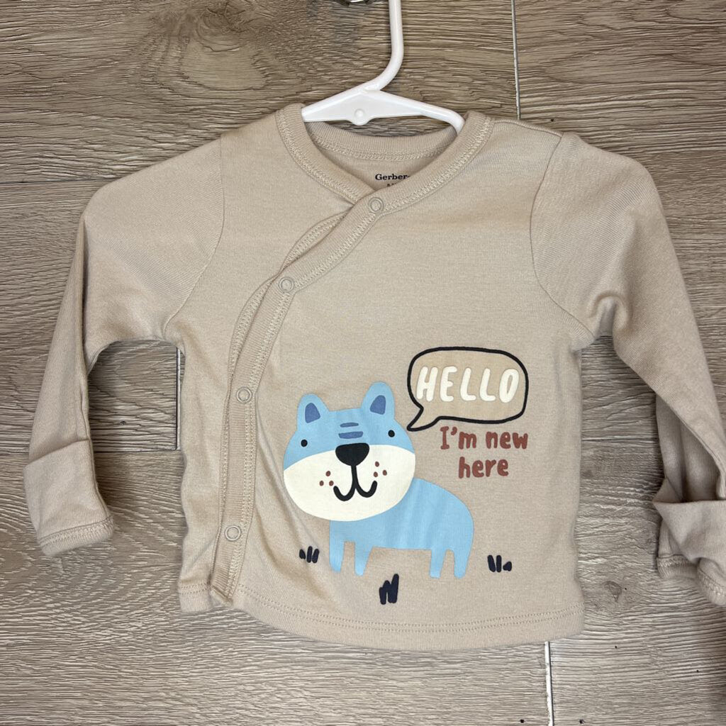 0-3M: Hello I'm New Here Beige L/S Snap Shirt