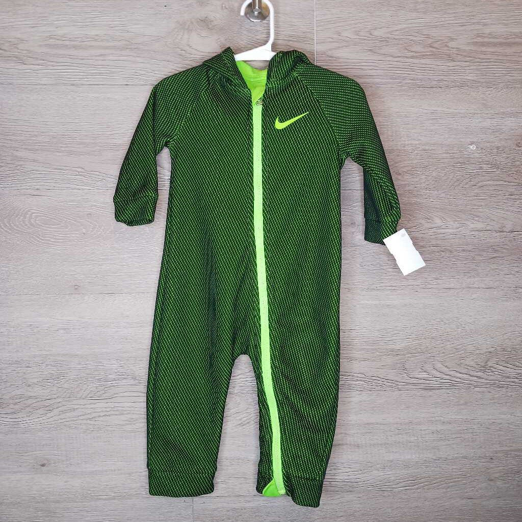 12M: Black + Neon Green Pattern Zip-Up Romper