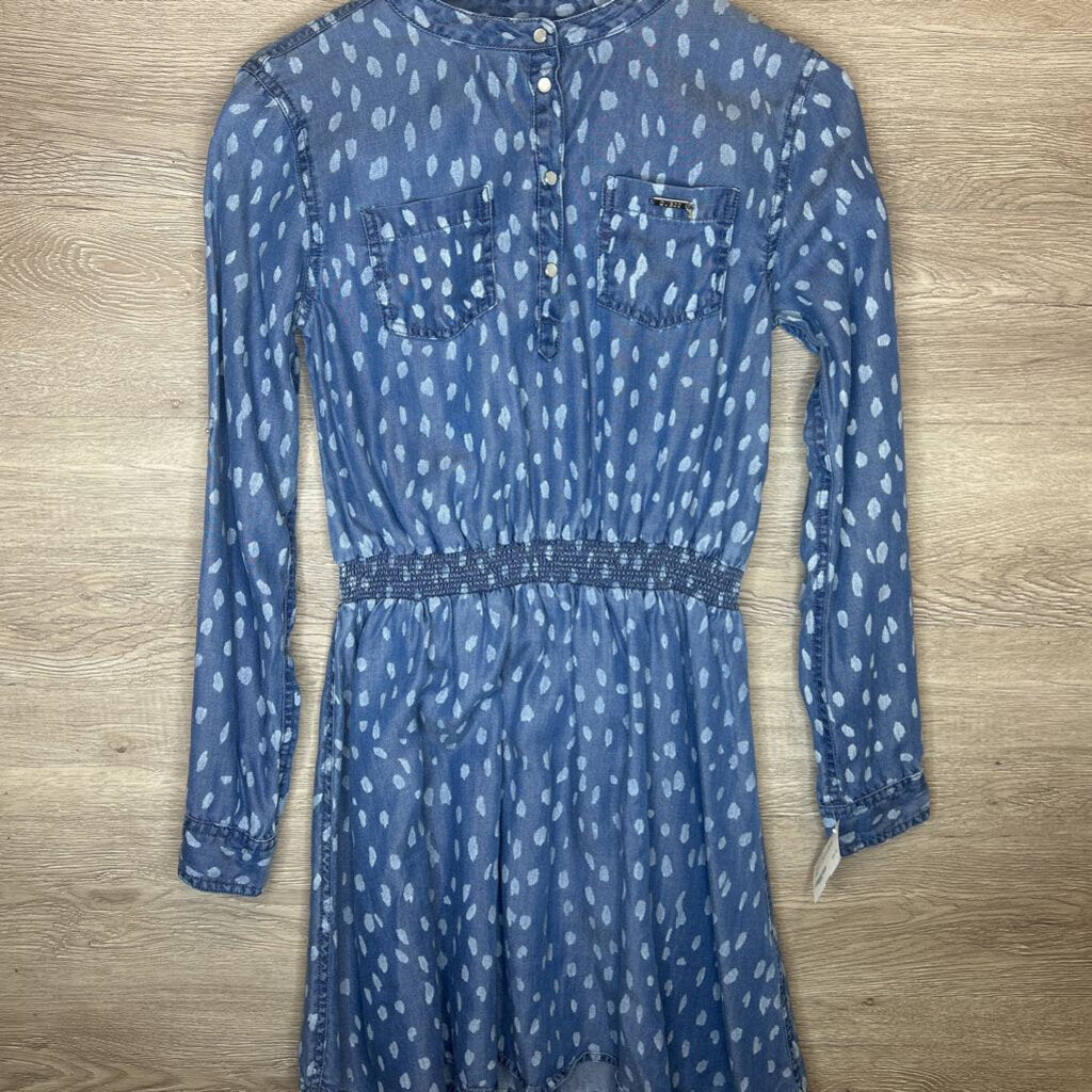 14: Chambray Button Up Smock Waist L/S Spotted Dress