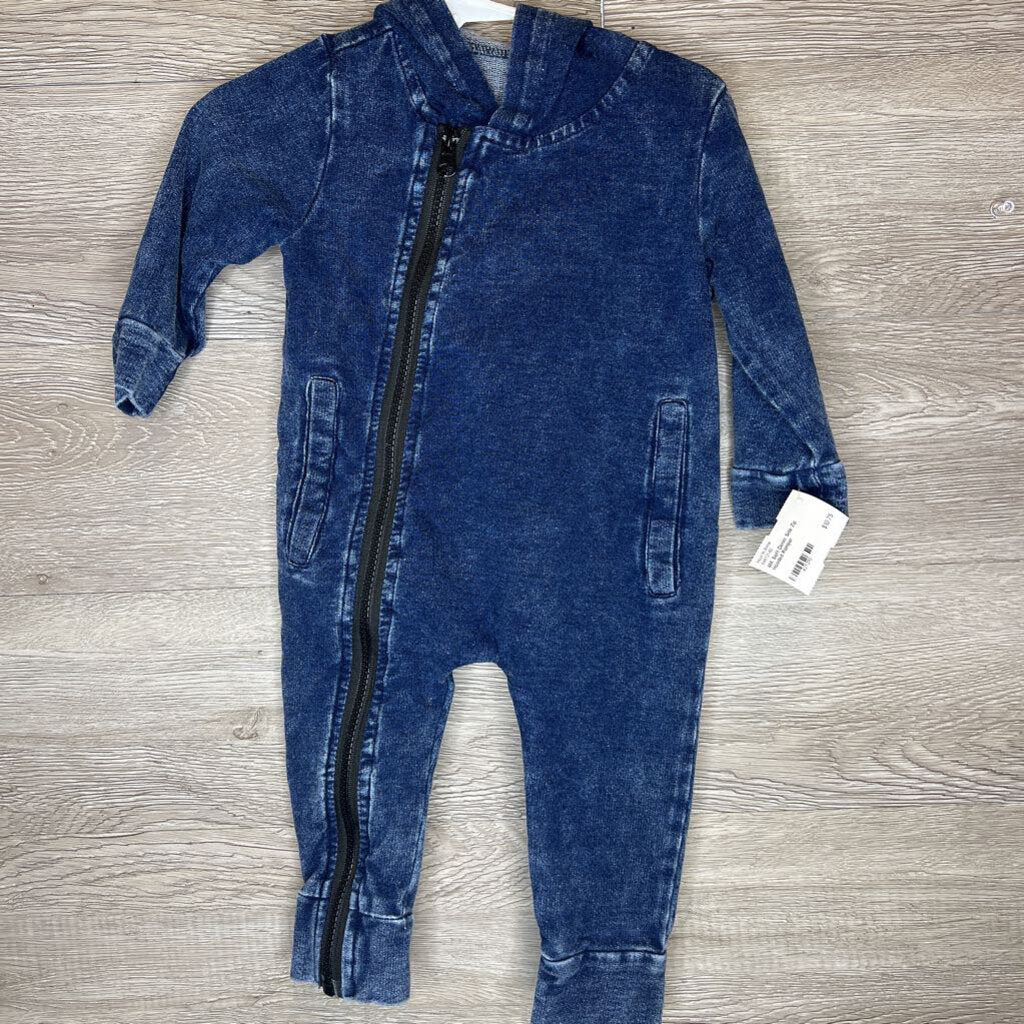 6M: Soft Denim Side Zip Hooded Romper