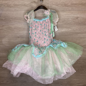 8-10: Pink + Green Blue Rossette + Tulle Dance Costume w/ Hair Clip