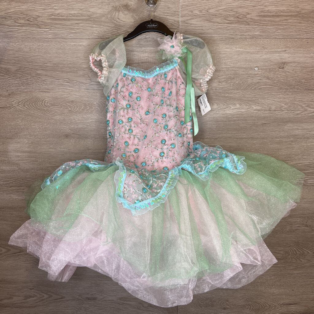 8-10: Pink + Green Blue Rossette + Tulle Dance Costume w/ Hair Clip