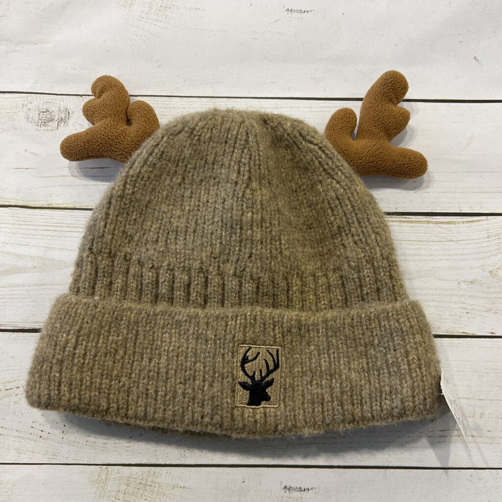 Beige Knit Reindeer Antler Beanie Hat