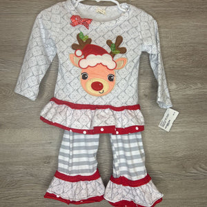 12-18M: Reindeer Applique 2pc Grey Pattern Holiday Set