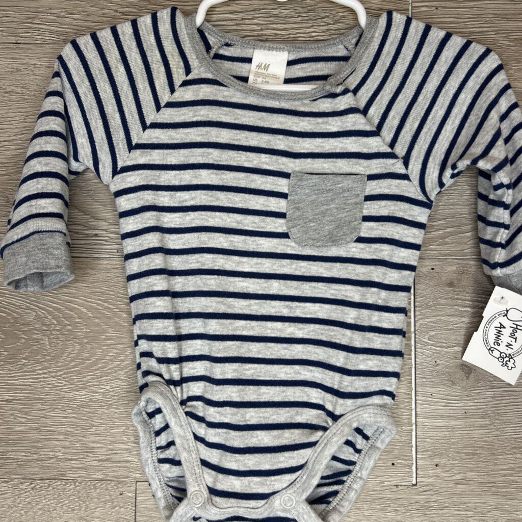 2-4M: Grey + Navy Striped Pocket L/S Organic Onesie