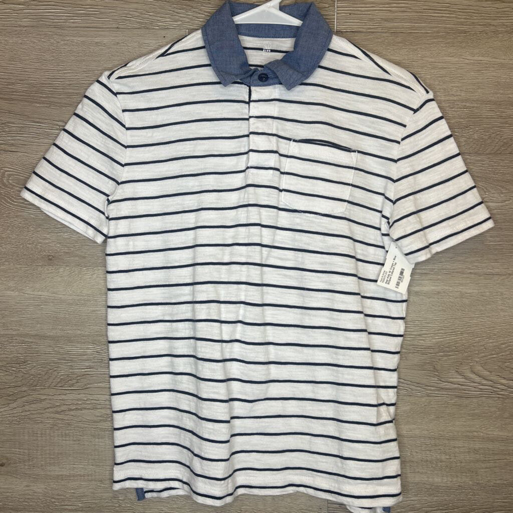 10: Cream + Blue Striped Collared Top