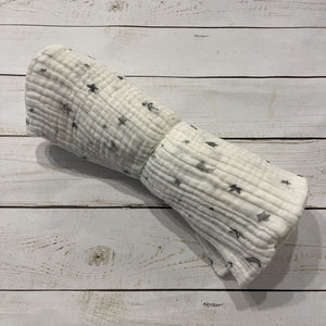 Grey Moon + Star White Muslin Swaddle Blanket