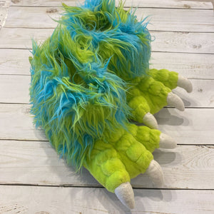 Size 9-11: Green + Aqua Plush Dino Feet Slipper