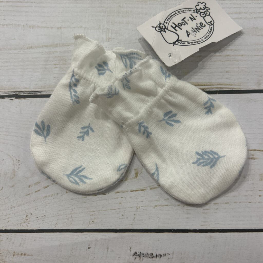 Infant Mittens - White + Blue Leaf Print