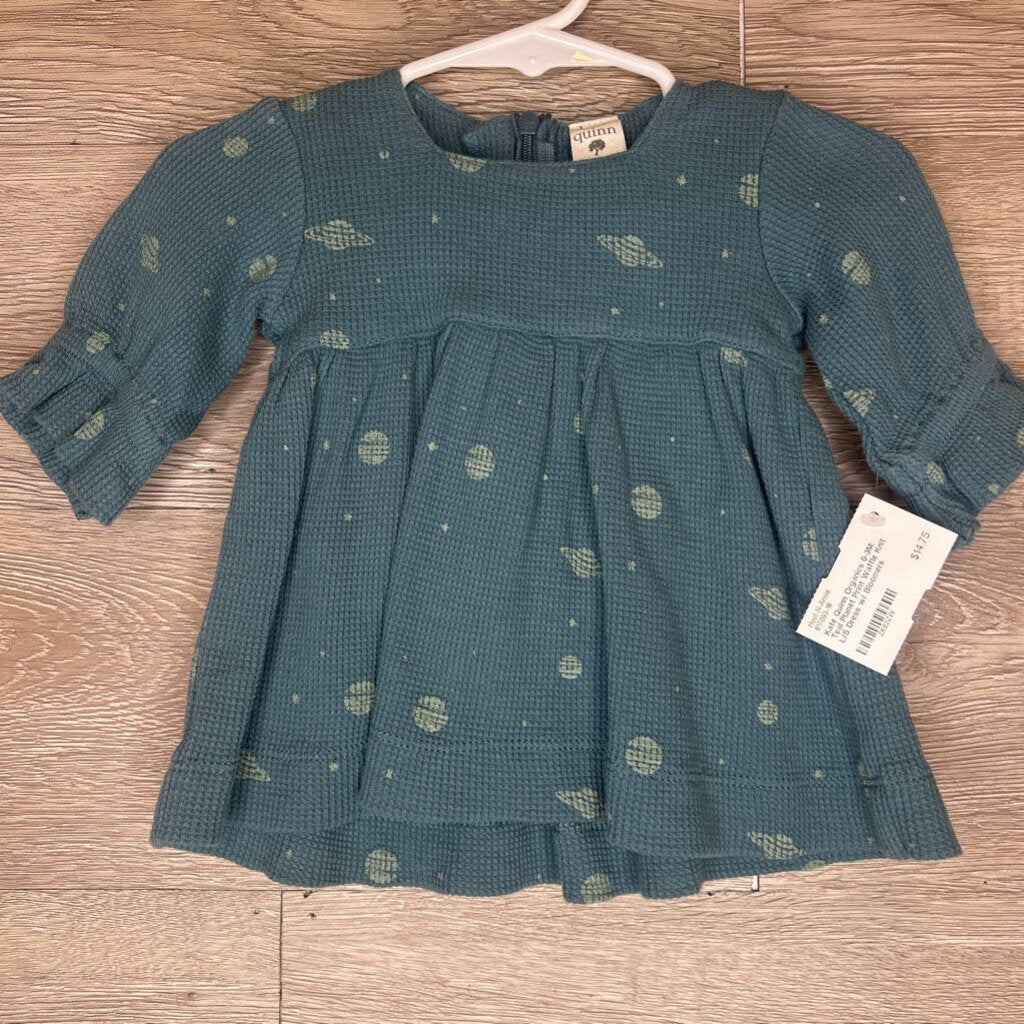 0-3M: Teal Planet Print Waffle Knit L/S Dress w/ Bloomers