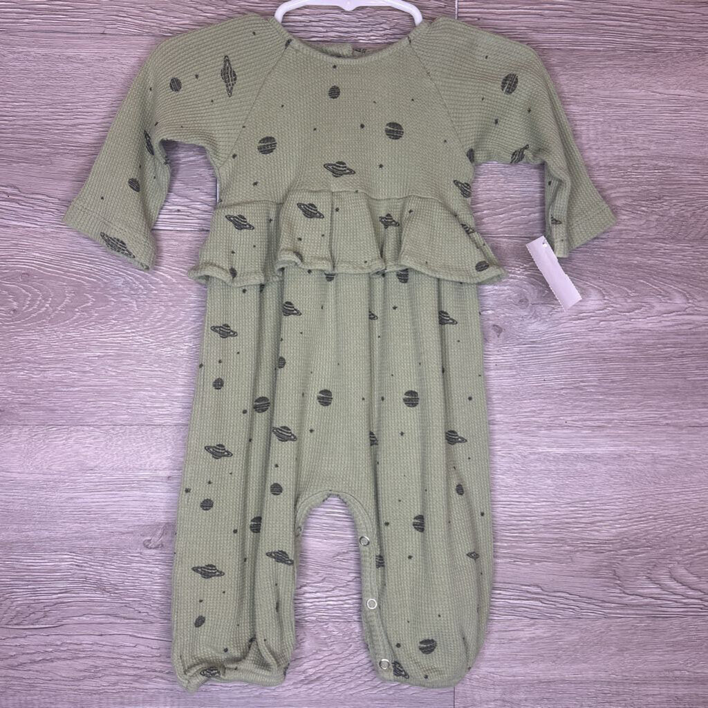 3-6M: Olive Planet Print Waffle Knit L/SRomper