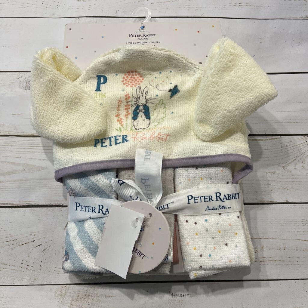 NEW: Peter Rabbit 4pc Hooded Towel + Washcloth Set