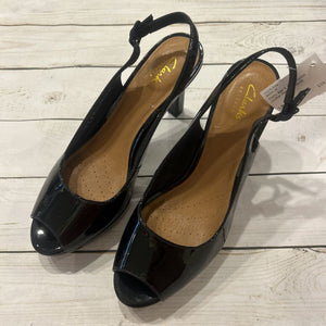 Size 9: Black Patent Leather Peep Toe Heels