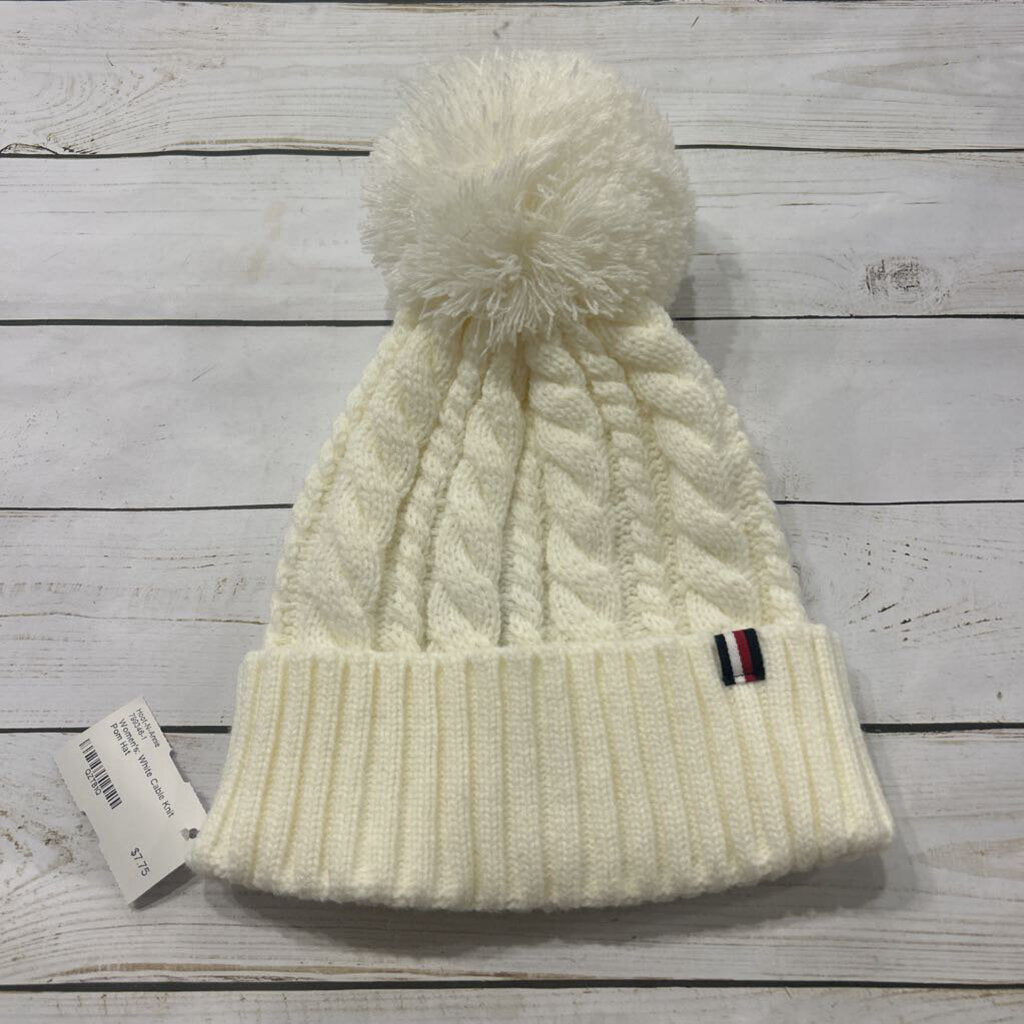 Women's: White Cable Knit Pom Hat