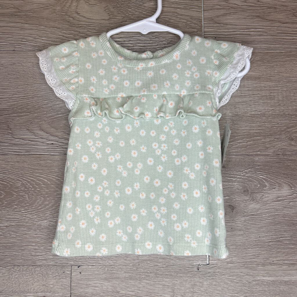 18M: Light Green + Daisy Print Ribbed Cap Sleeve Tee