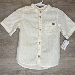 18M: Cream Seersucker Collarless Button-Up