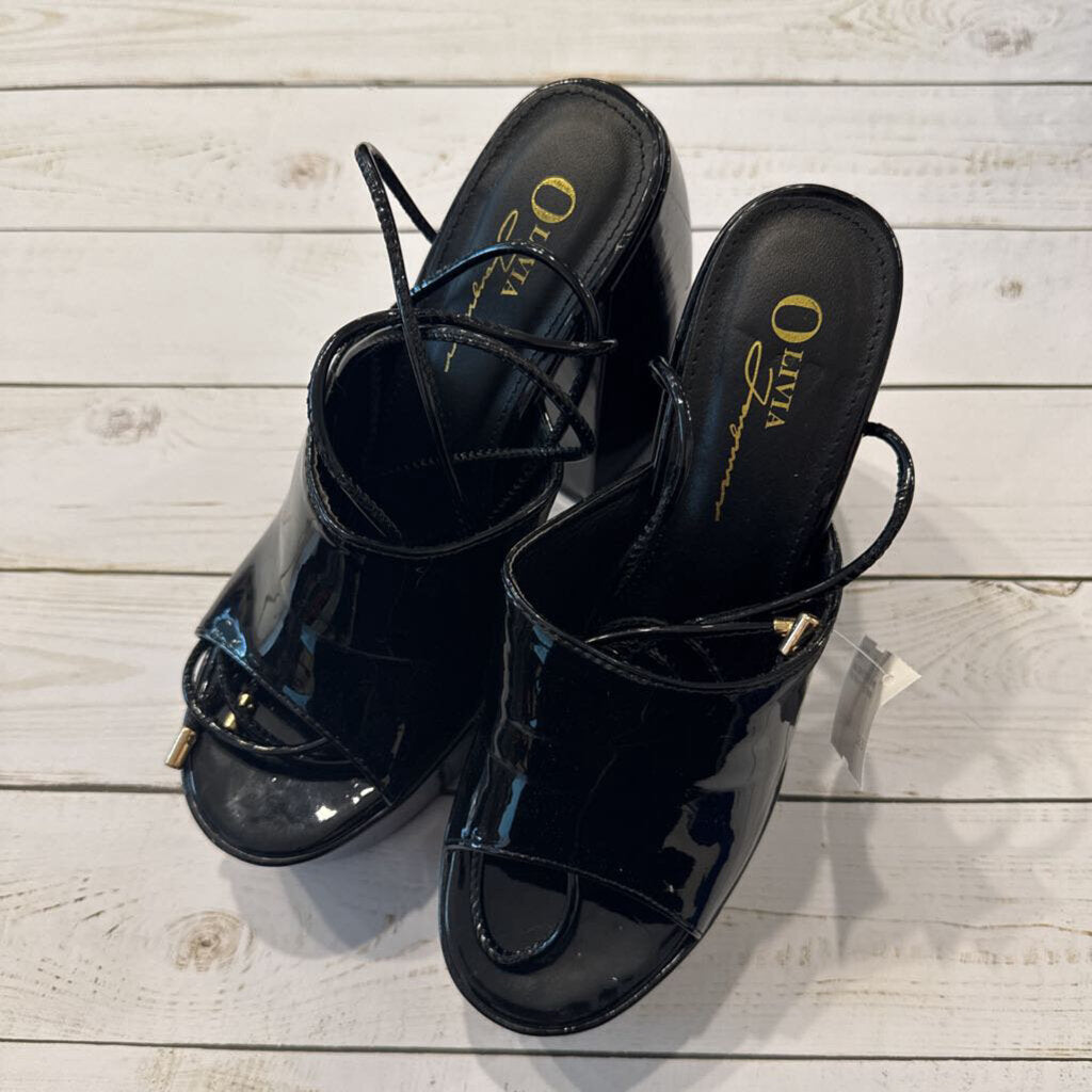 Size 7.5: Black Ankle Wrap Platform Wedge Heels