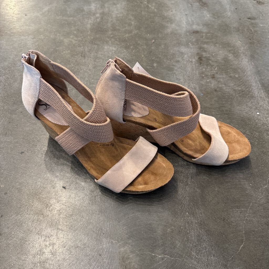 Size 11: Mauve Cross Strap Cork Wedge Sandals