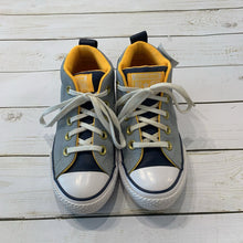 Load image into Gallery viewer, Size 12: Grey + Yellow Leather Hi-Tops
