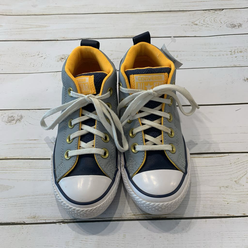 Size 12: Grey + Yellow Leather Hi-Tops