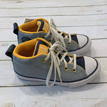 Load image into Gallery viewer, Size 12: Grey + Yellow Leather Hi-Tops
