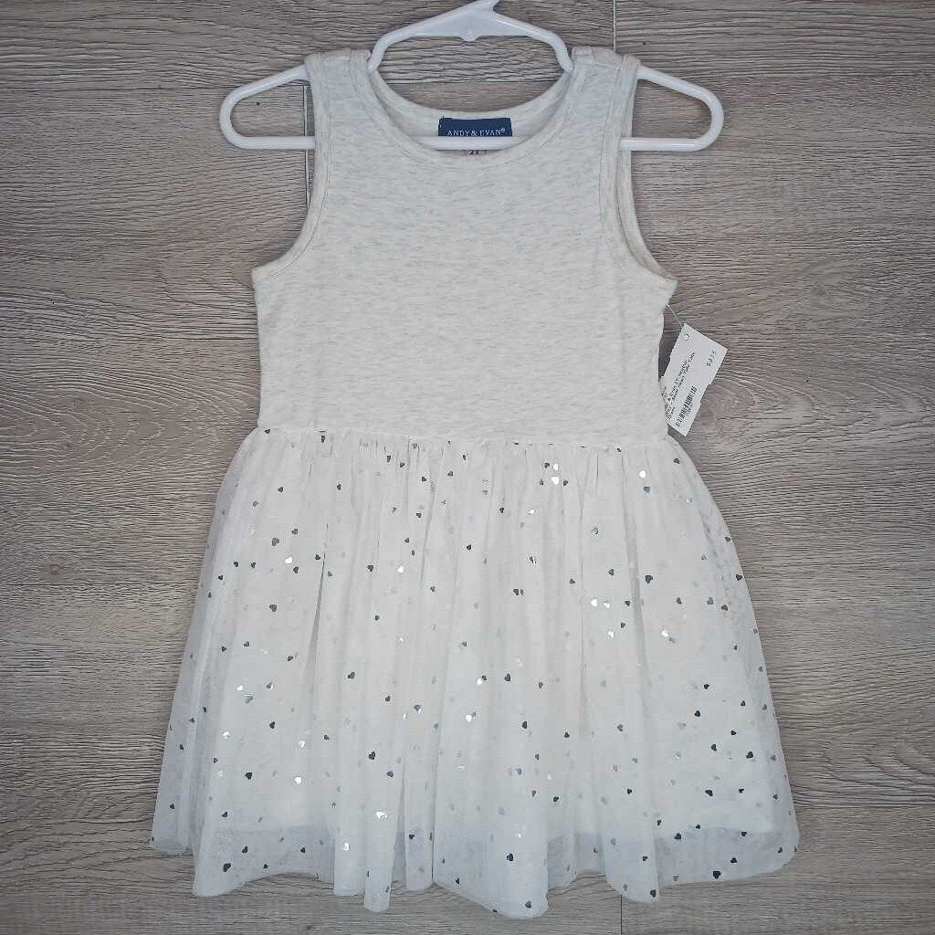 2T: Heather Grey + Silver Heart Tulle Tank Dress
