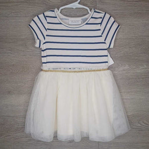 2T: Cream + Navy Striped Tulle Skirted Dress