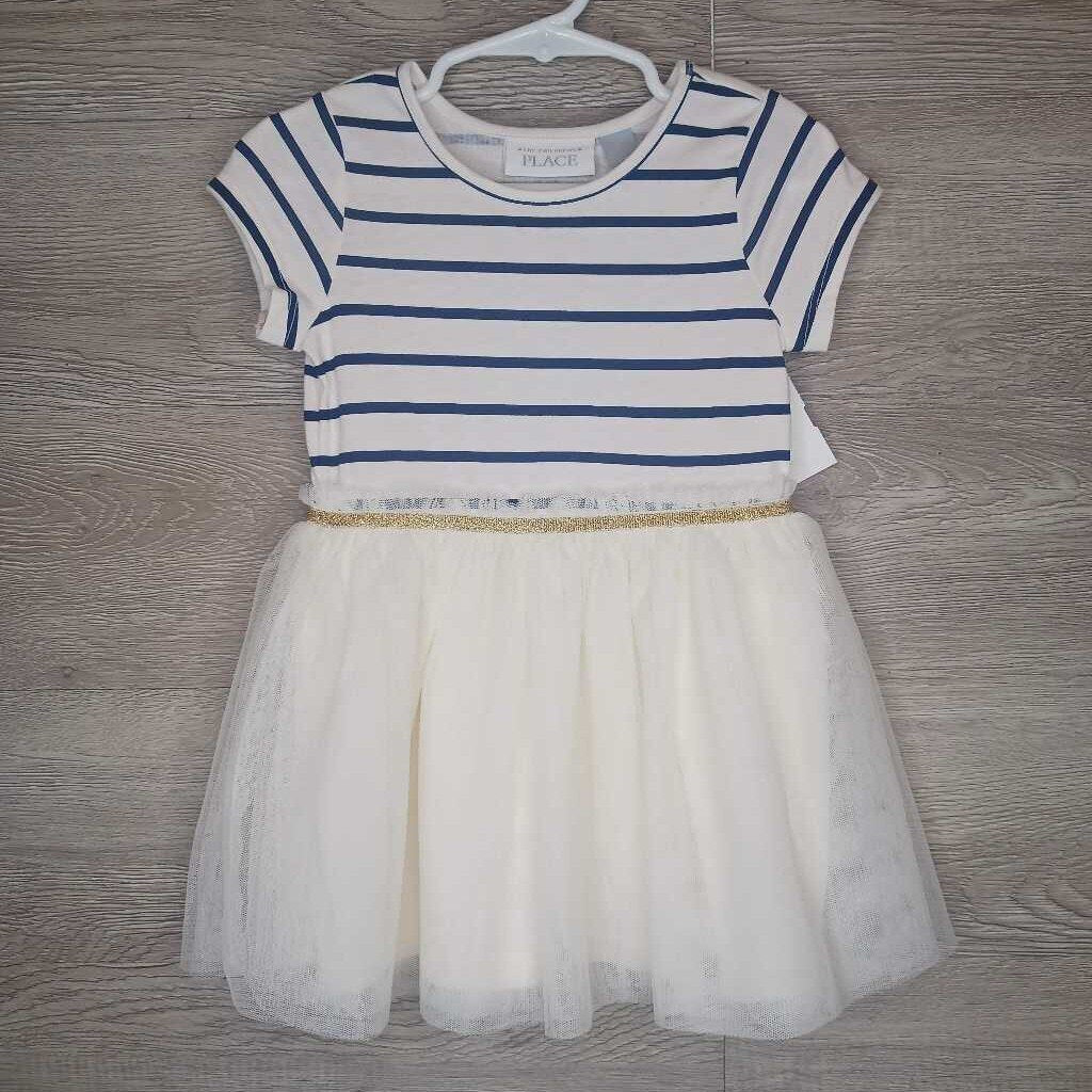 2T: Cream + Navy Striped Tulle Skirted Dress