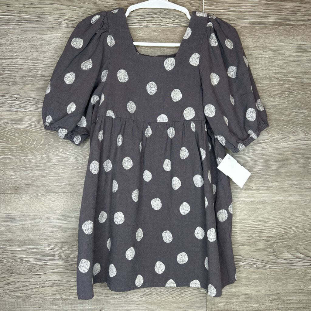 2-3Y: Charcoal Polka Dot Linen Puff Sleeve Dress