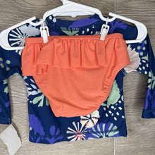 Load image into Gallery viewer, 3-6M: Dark Blue Floral + Coral 2pc L/S Swimsuit
