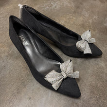 Load image into Gallery viewer, Size 7: Black Crystal Bow Kitten Heels
