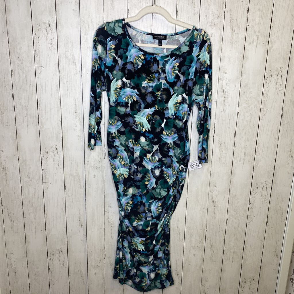 S: Blue Floral Print Cinched Dress