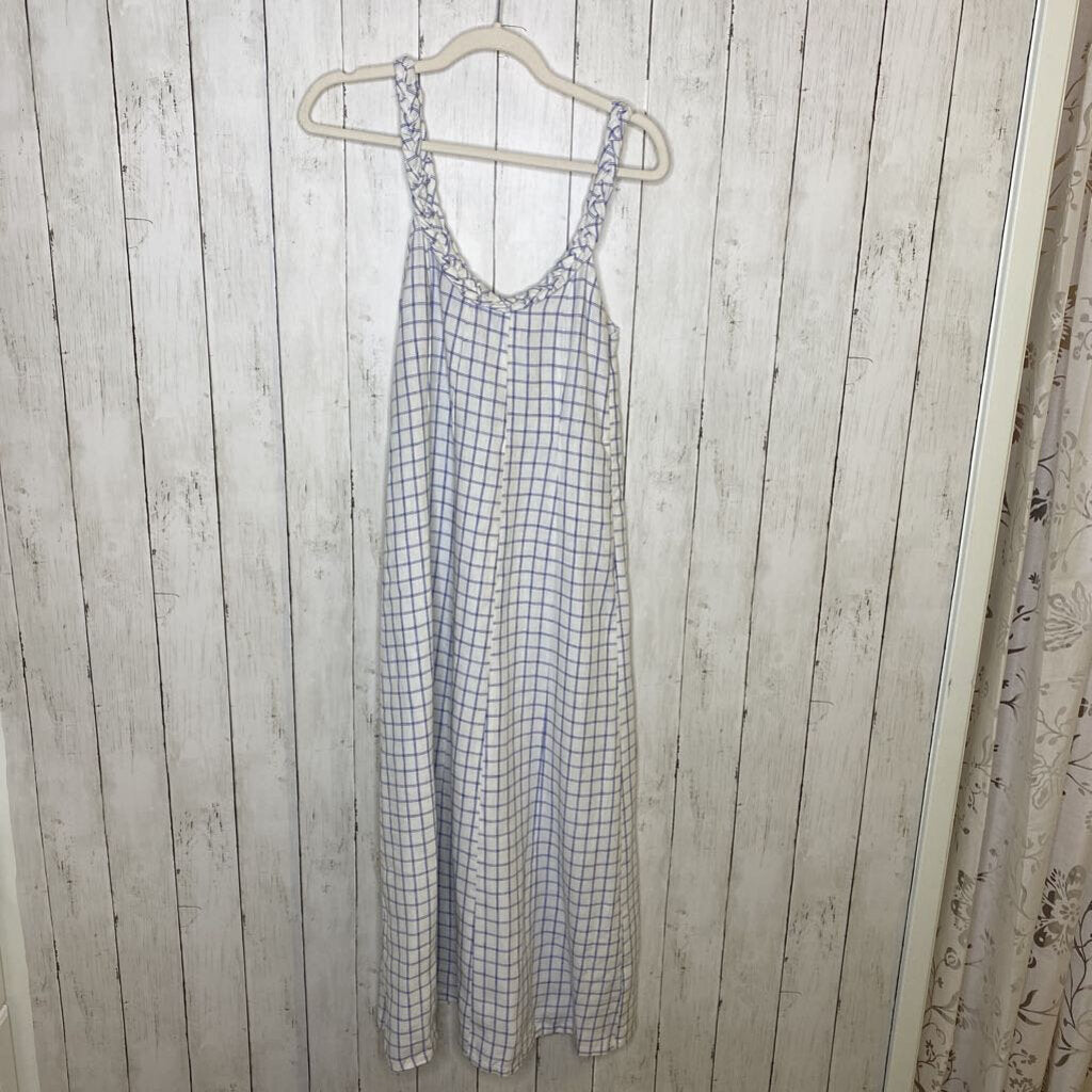 S: NWT White & Blue Grid Print Linen Maxi Dress *retails $510