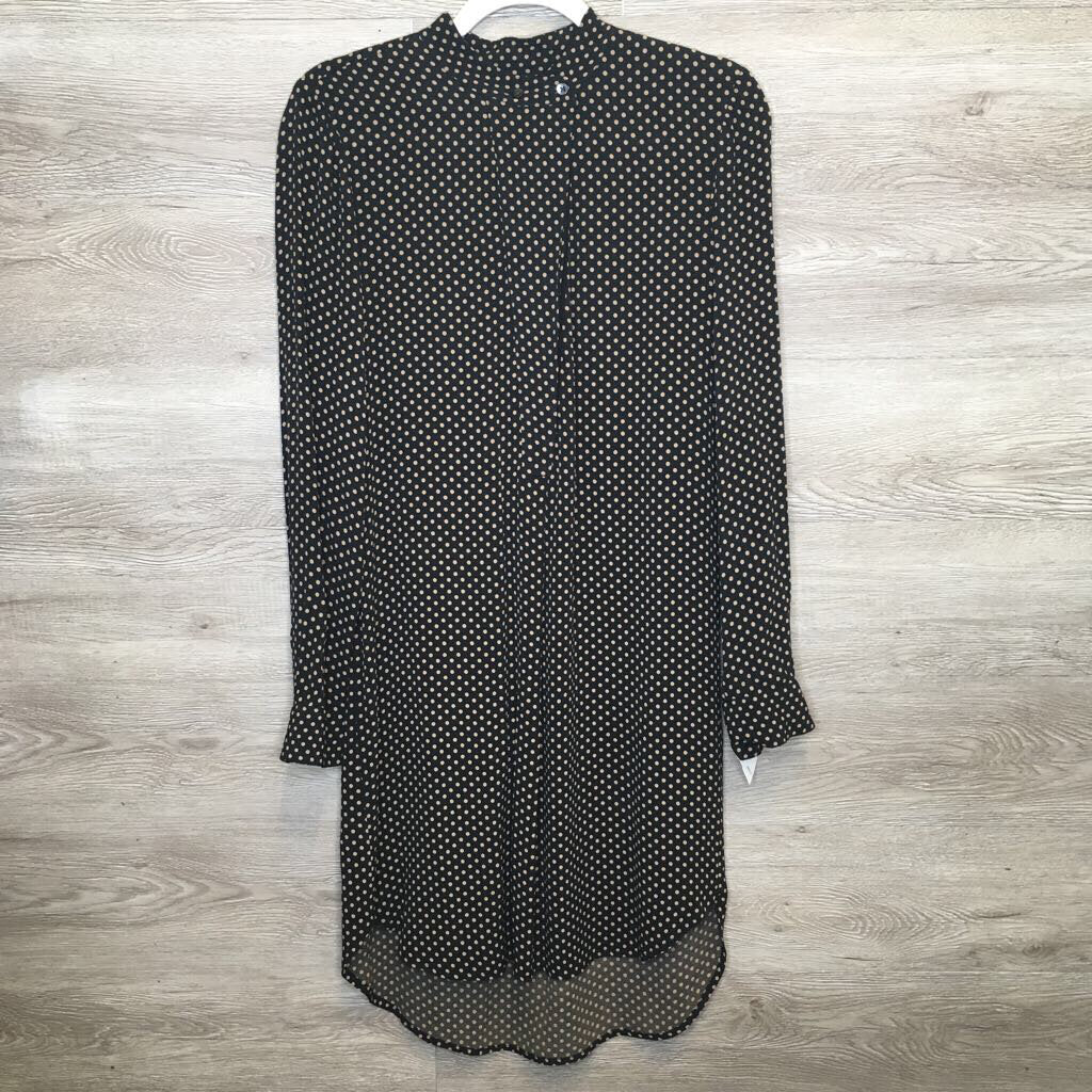 XS: Black + Tan Polka Dot L/S Half Button Dress