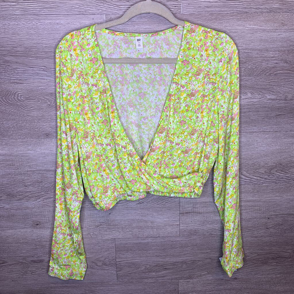M: Green Floral L/S Cropped Blouse