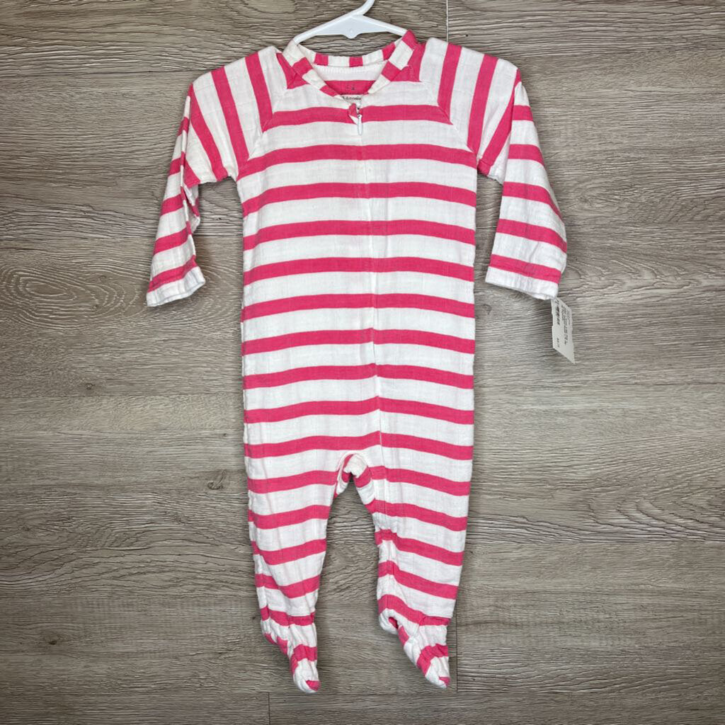 3-6M: Pink + White Striped Muslin L/S Zip-Up Pajamas
